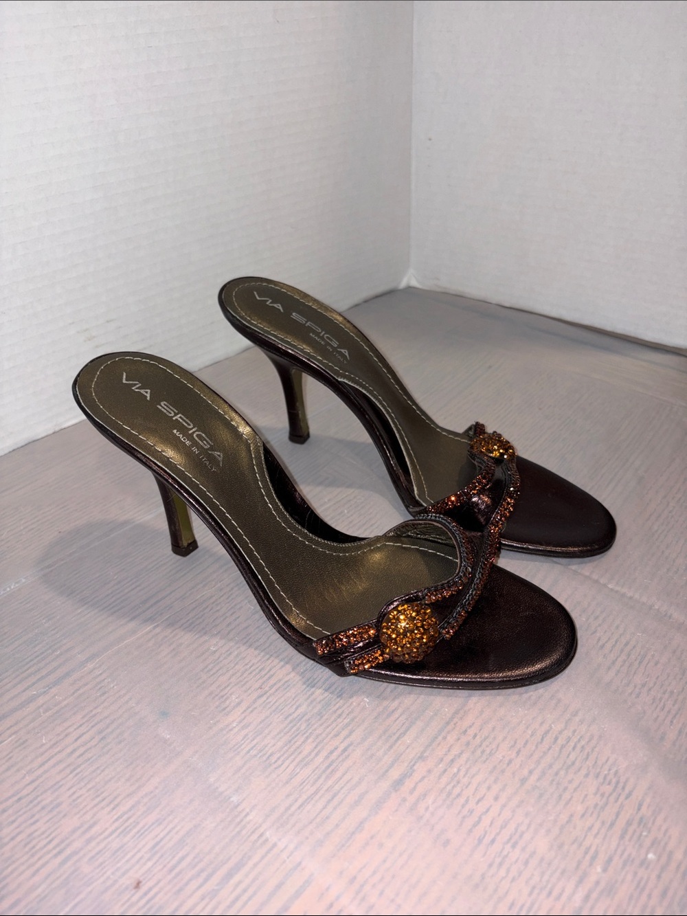 Via Spiga Metallic Brown Slide Heels with Amber Bead Detail